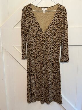 LOFT Ann Taylor Leopard Print Midi Dress Size 10 Long Sleeve V Neck Knot Front